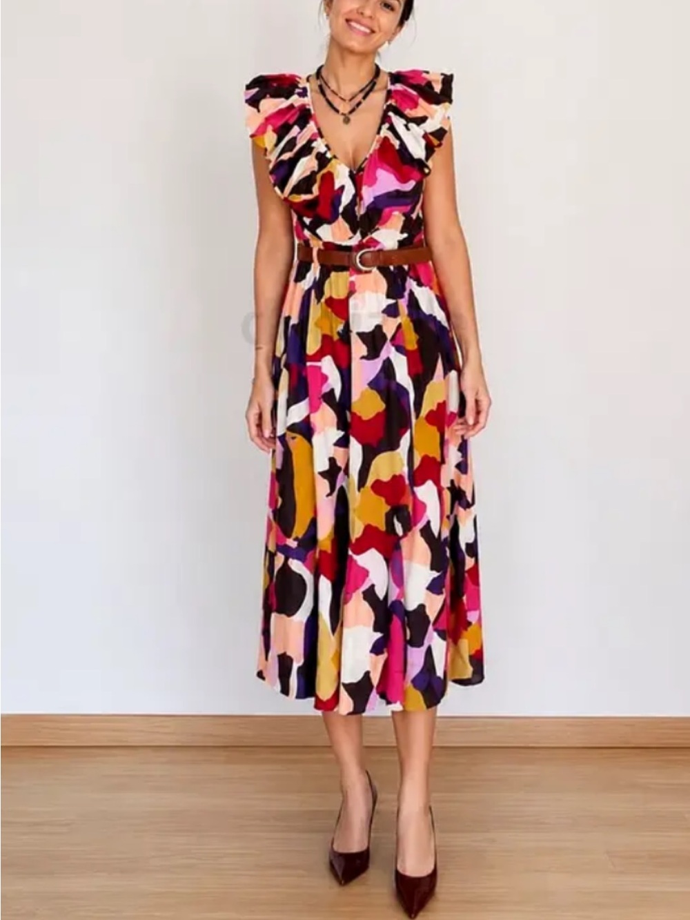 Zara Multicolor Ruffled V-Neck Midi Dress with Belt - Picture 5 of 7